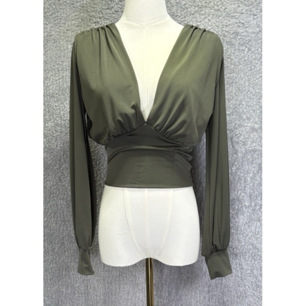 21 Saints Womens M Green Crop Top Deep V Neck Balloon Sleeve Y2K Fairy Grunge